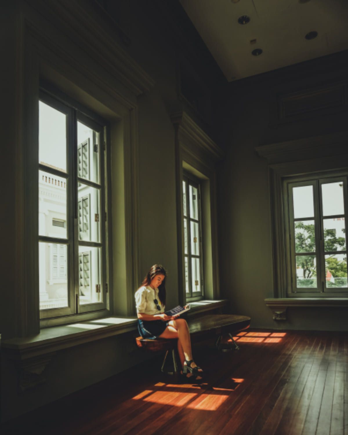 Someone sitting alone reading in a pool of light from a tall window