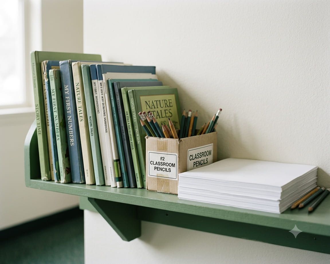 Illustration: books and materials on a shelf
