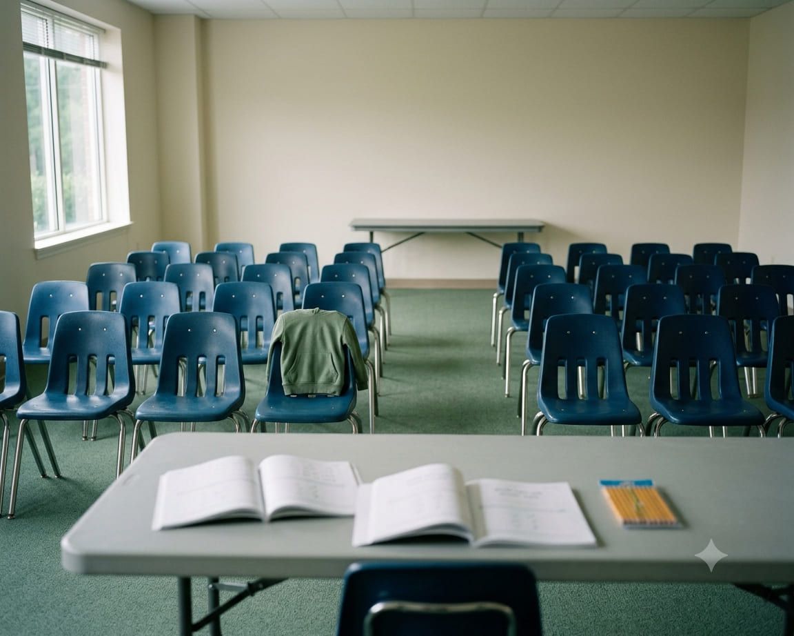 Illustration: an empty classroom with chairs set out