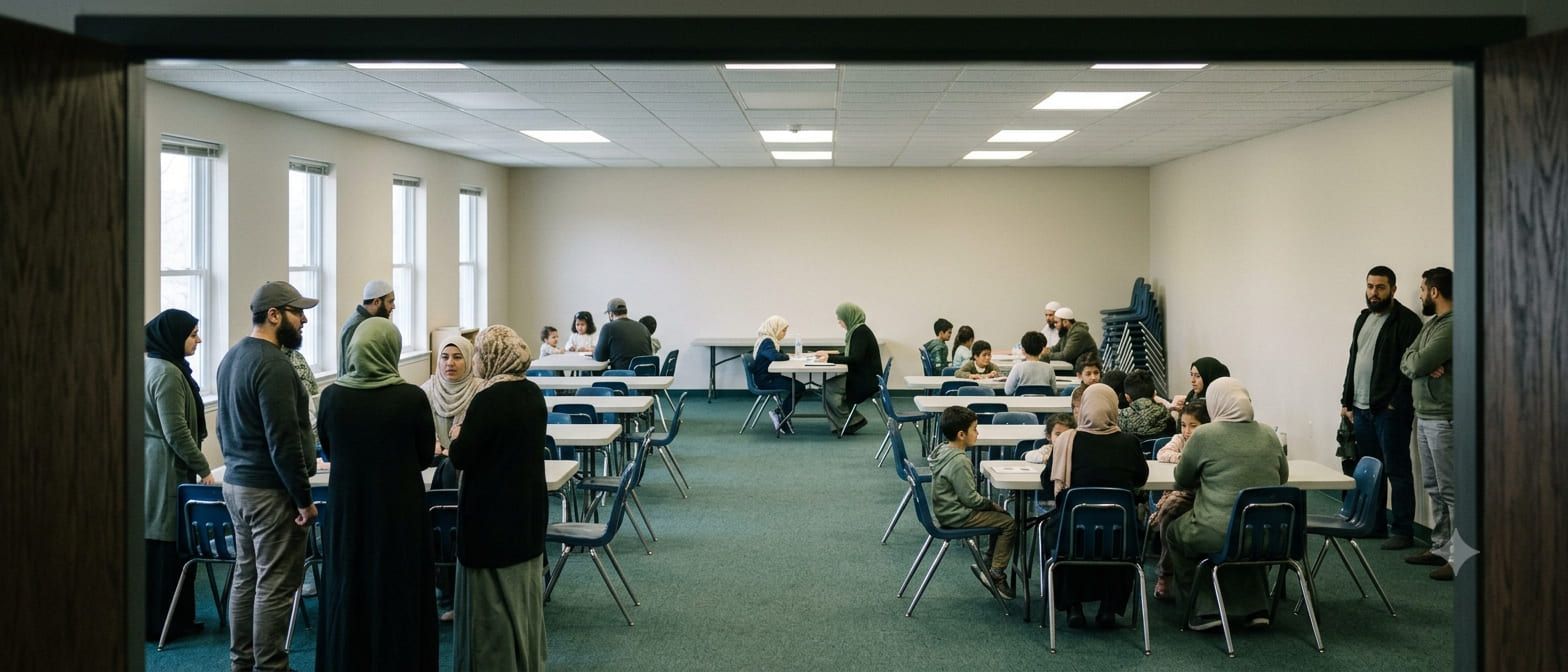 Illustration: a room of children and adults together, seen wide