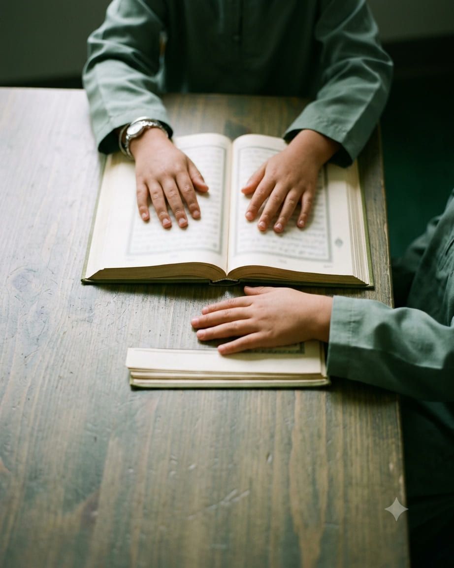 Illustration: hands and an open book on a table