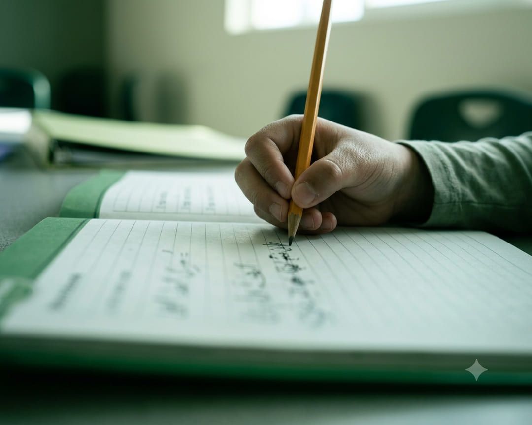 Illustration: a child tracing letters on a page