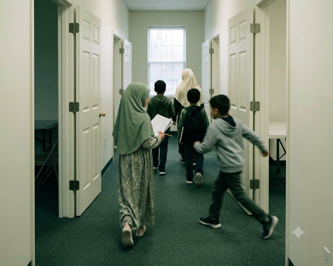 Illustration: children between activities in a corridor