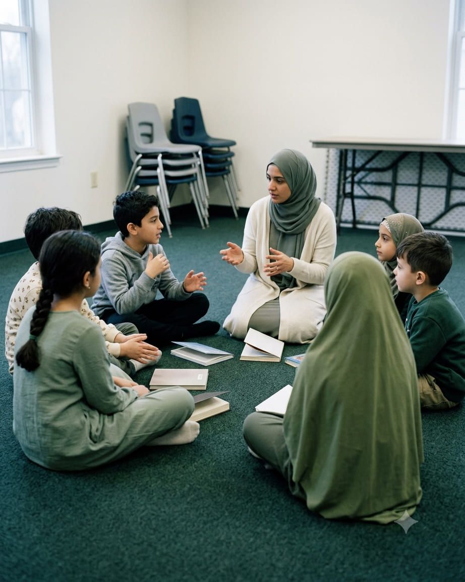 Illustration: children seated in a circle, talking