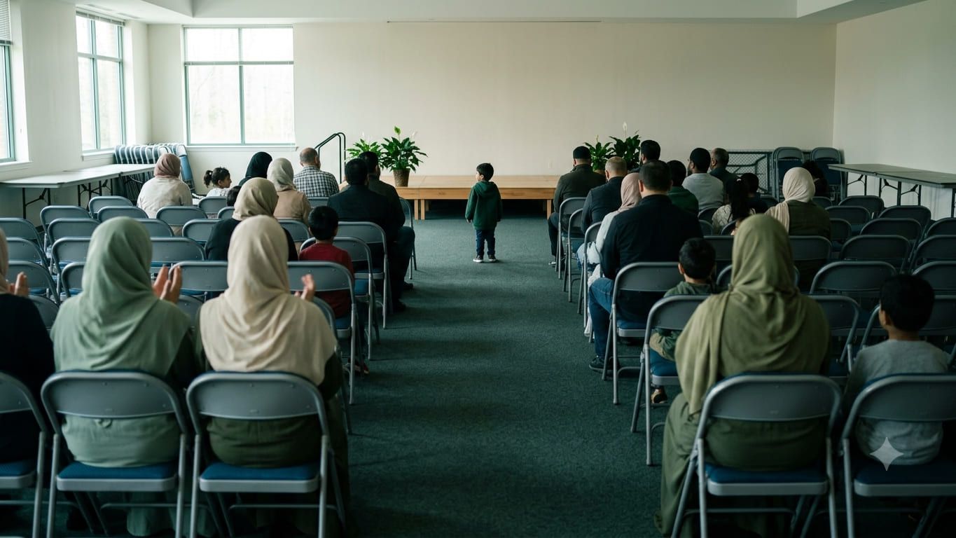 Illustration: a room set up for a presentation, with an audience