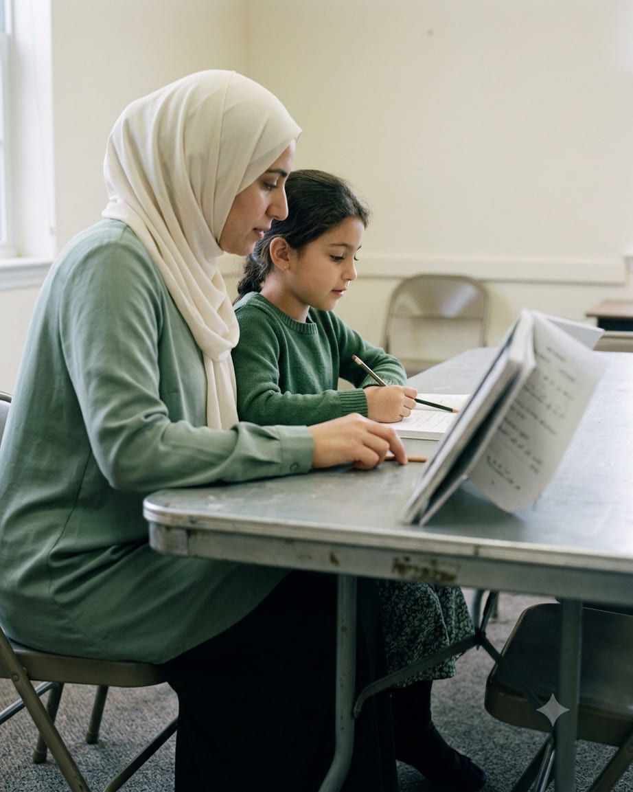 Illustration: an adult and a child seated together, reading