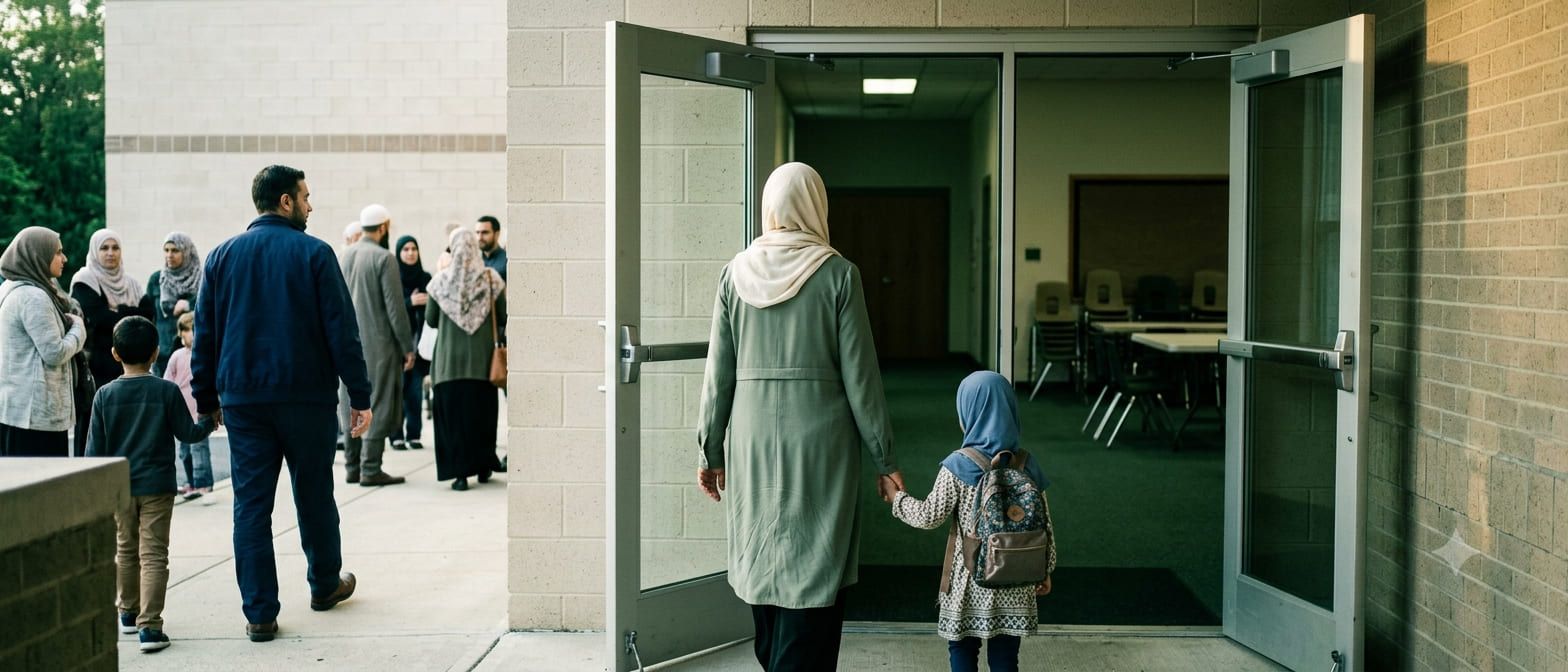 Illustration: a doorway with people arriving