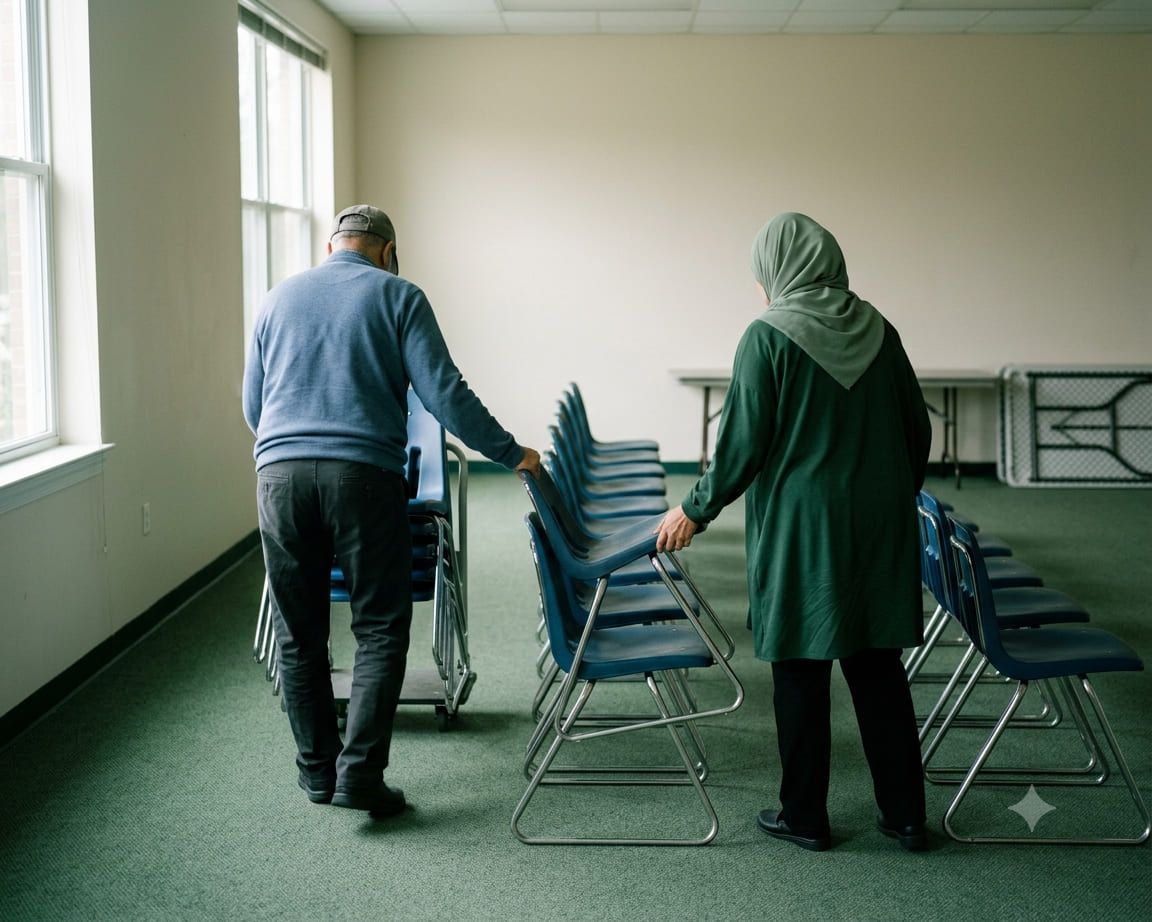 Illustration: adults setting up a room